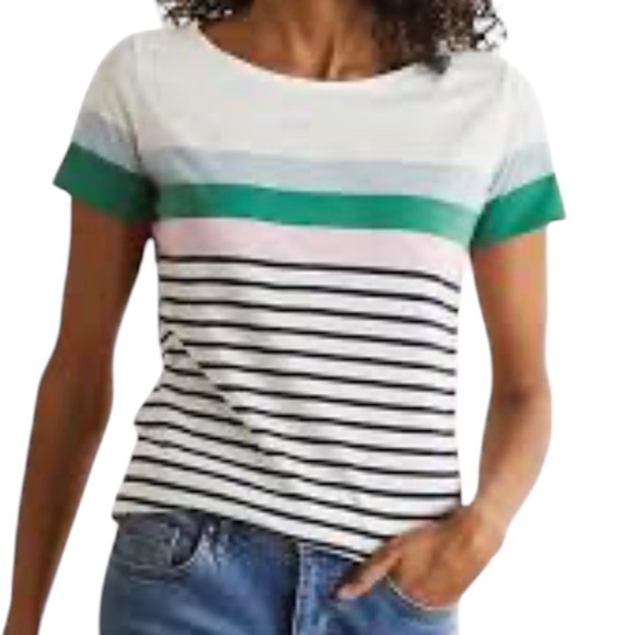 Boden Briton White with Blue/Green/Pink Stripes Short Sleeve Cotton Tee 20/22 - Picture 1 of 9